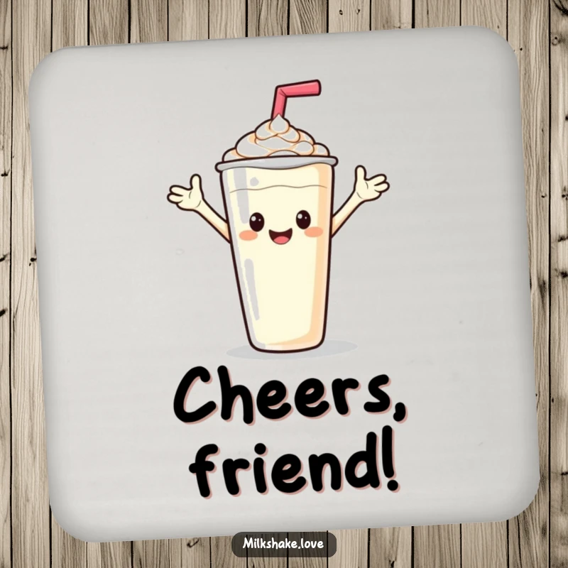 Funny drink coaster showing a friendly milkshake offering a wave, protecting surfaces with cheerful humor.