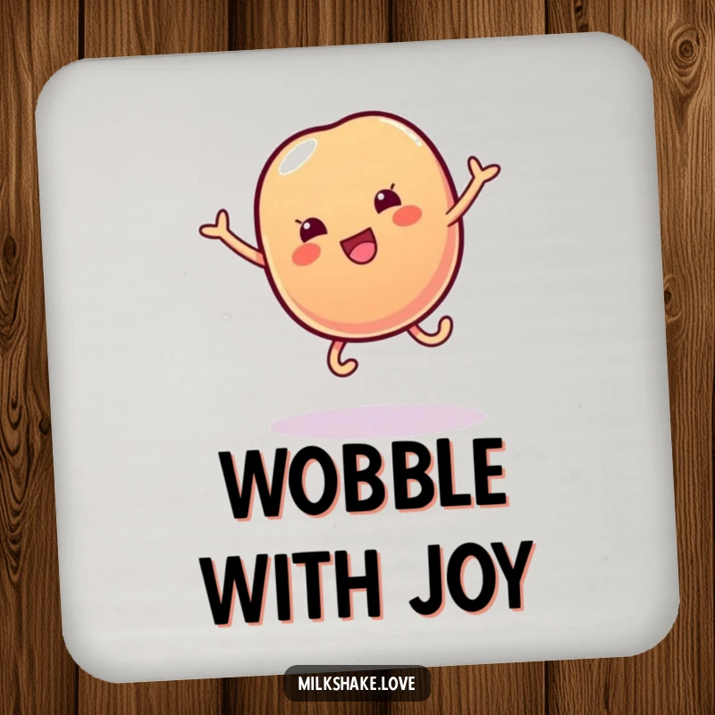 Funny coaster featuring a wobbly jelly bean with tiny legs doing a cartwheel, offering sweet protection with charming wobble.
