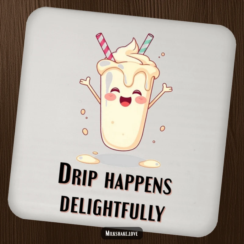 Funny joyful milkshake design on drink coasters, celebrating with smiles, a practical funny gift.