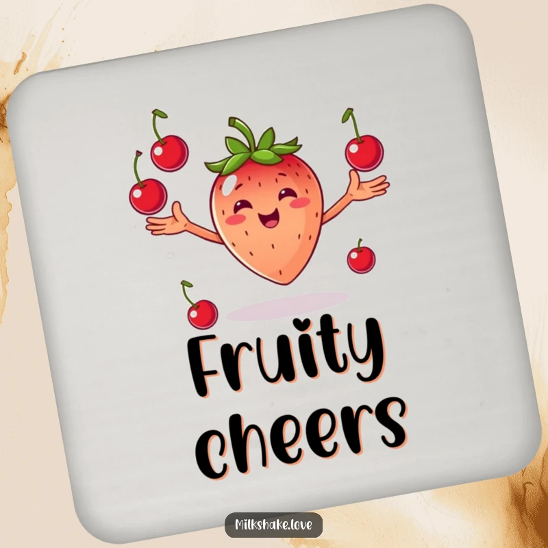 Funny Juggling Strawberry Coaster: A smiling strawberry with arms outstretched joyfully juggling cherries, adding fruity charm.