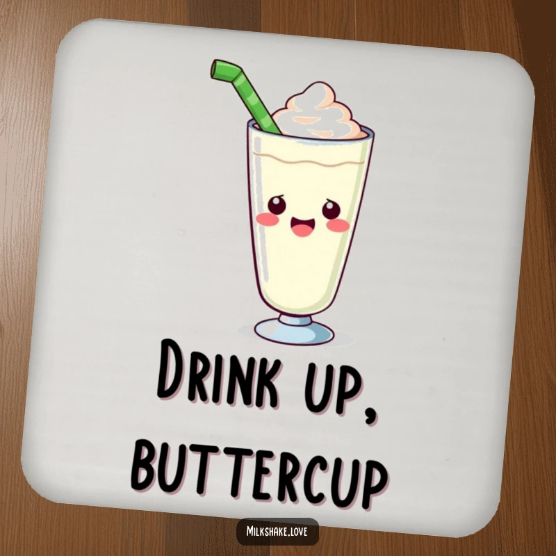 Funny kawaii milkshake coaster featuring a cute glass enthusiastically offering a giant straw, a humorous and protective drink accessory.