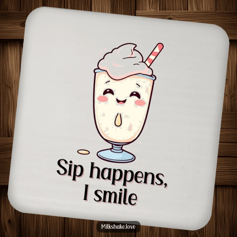 Funny Kawaii Milkshake Coaster, a giggling character spills a drop, protects surfaces, cute and humorous home decor.