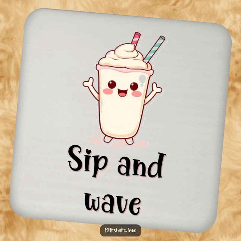 Funny Coaster featuring a delightful Kawaii milkshake character waving cheerfully with its straw, adding friendly protection.