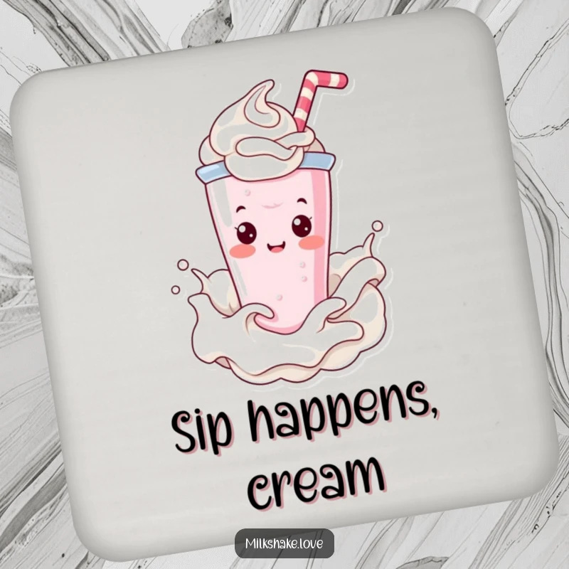 Funny Coaster featuring a delightful Kawaii milkshake character happily splashing through whipped cream, adding playful protection.