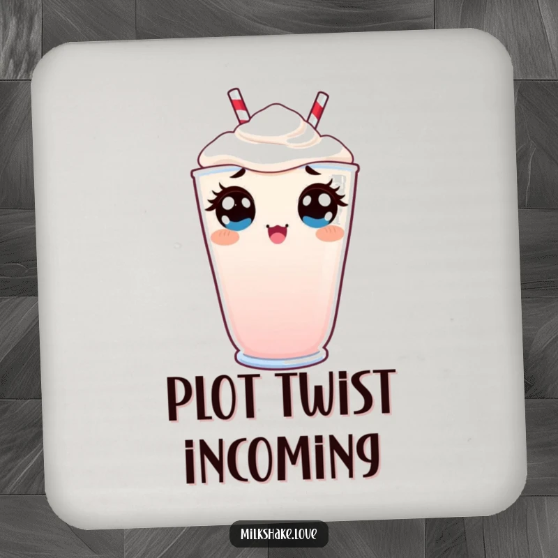 Funny Coaster featuring a Kawaii milkshake peeking over the rim with wide, surprised eyes, adding a comical touch to your table.