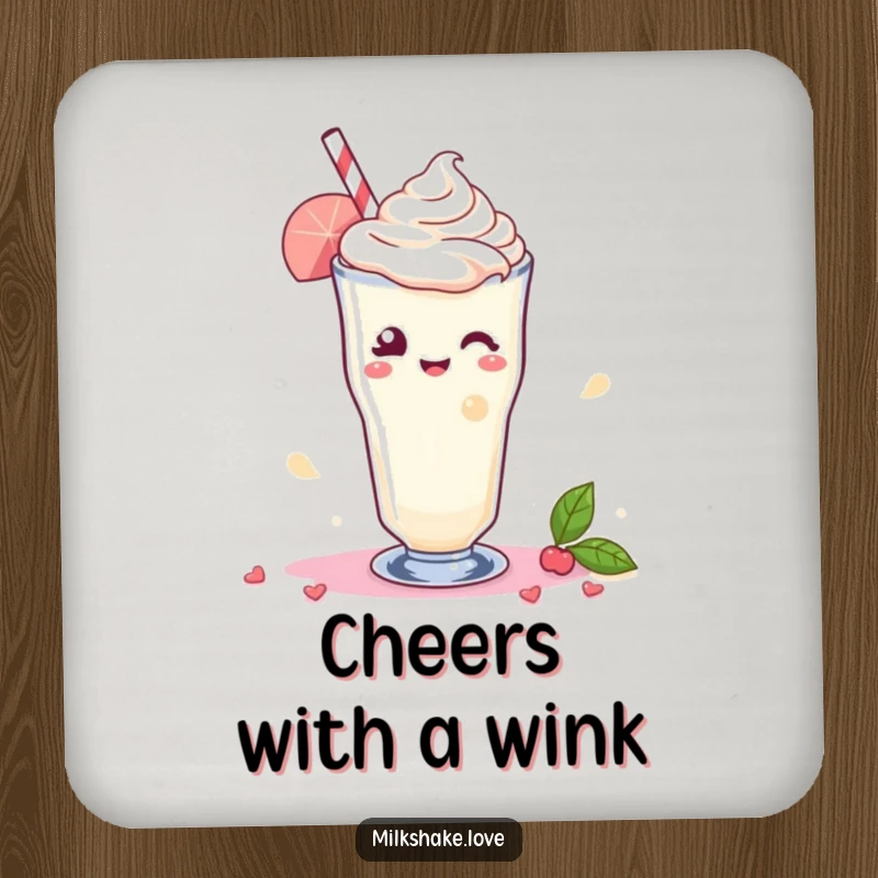 Funny Coaster featuring a Kawaii milkshake winking playfully, with a swirl of delight adding a charming and sweet vibe to your table.