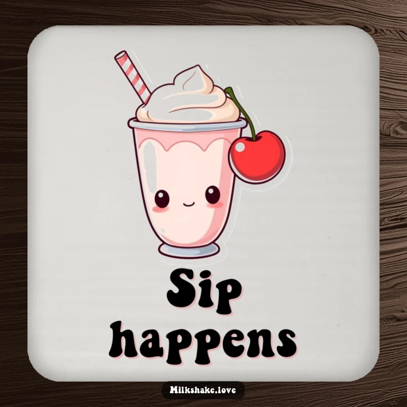 Funny milkshake cup with curious eyes looking at a cherry. Humorous coaster for sweet surface protection.