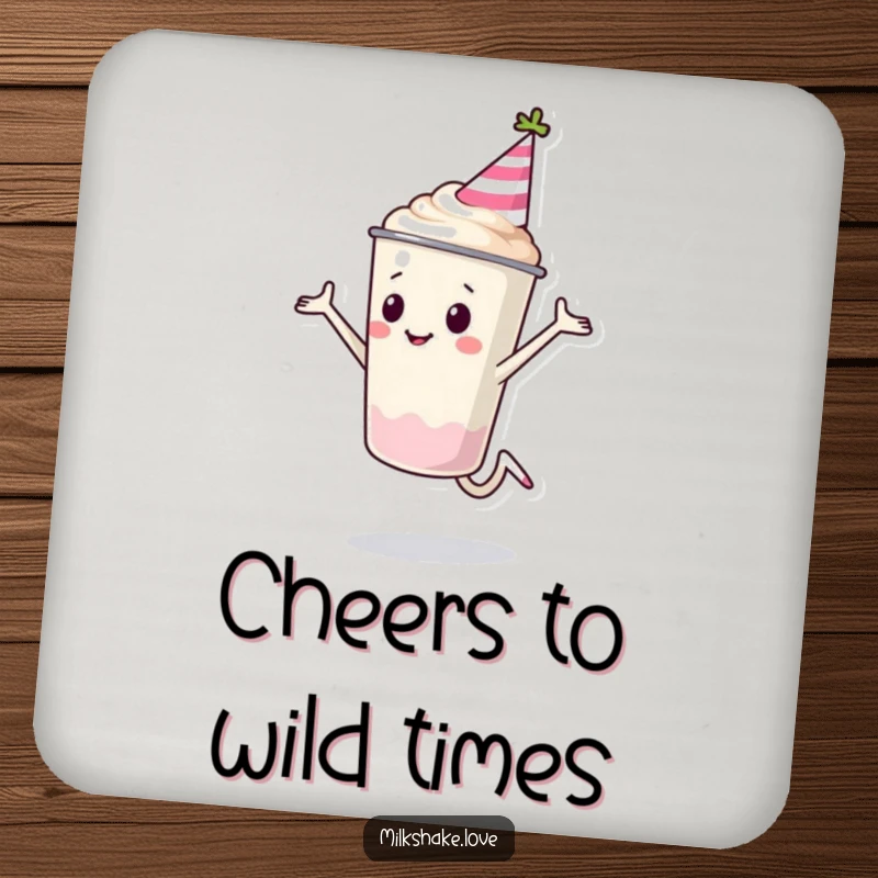 Funny Milkshake Cup Coasters featuring a milkshake character in a party hat doing a cartwheel. Adds festive humor to any surface.