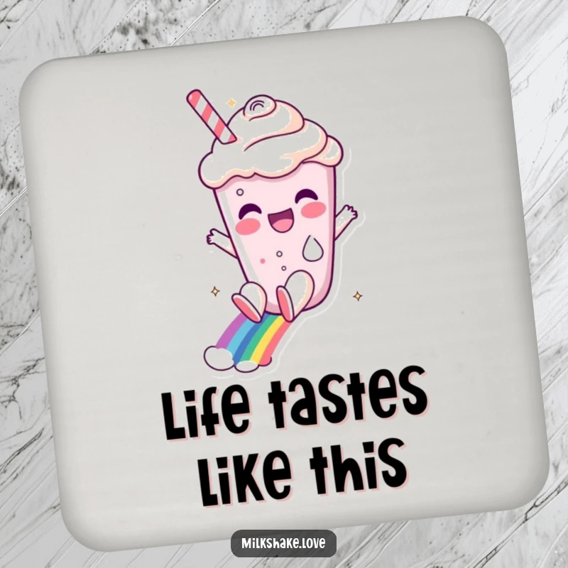 Funny milkshake character mid-slide down a rainbow, printed on a protective and funny drink coaster.