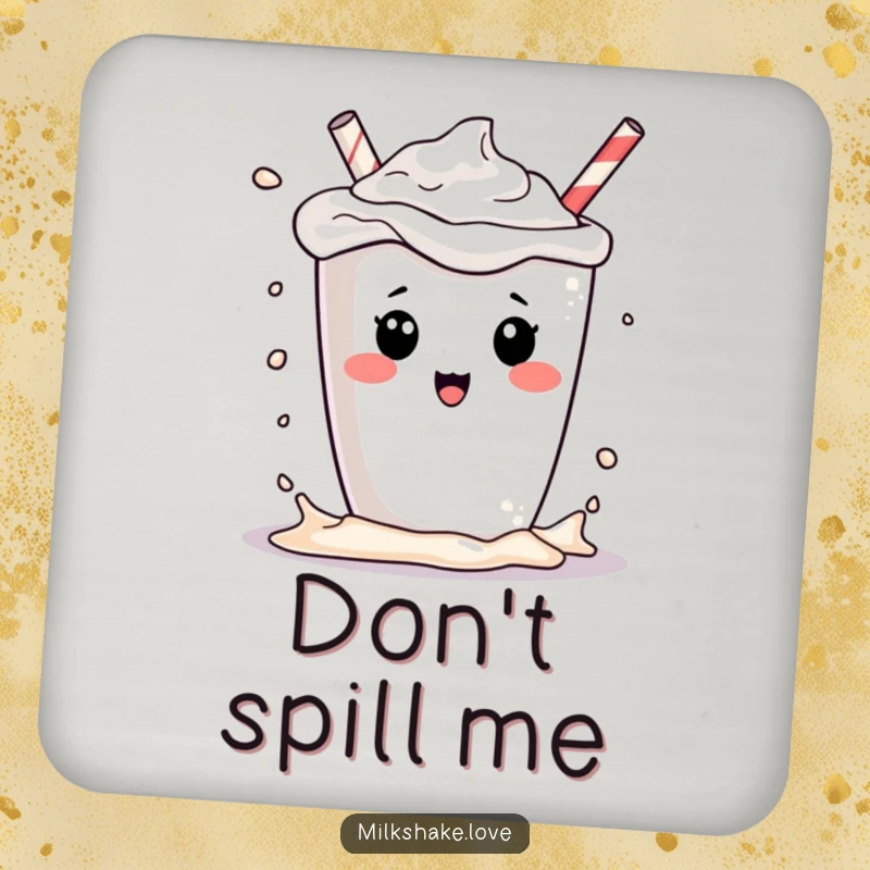 Funny kawaii milkshake character playfully splashing its contents, on a functional and funny drink coaster, a sweet gift.
