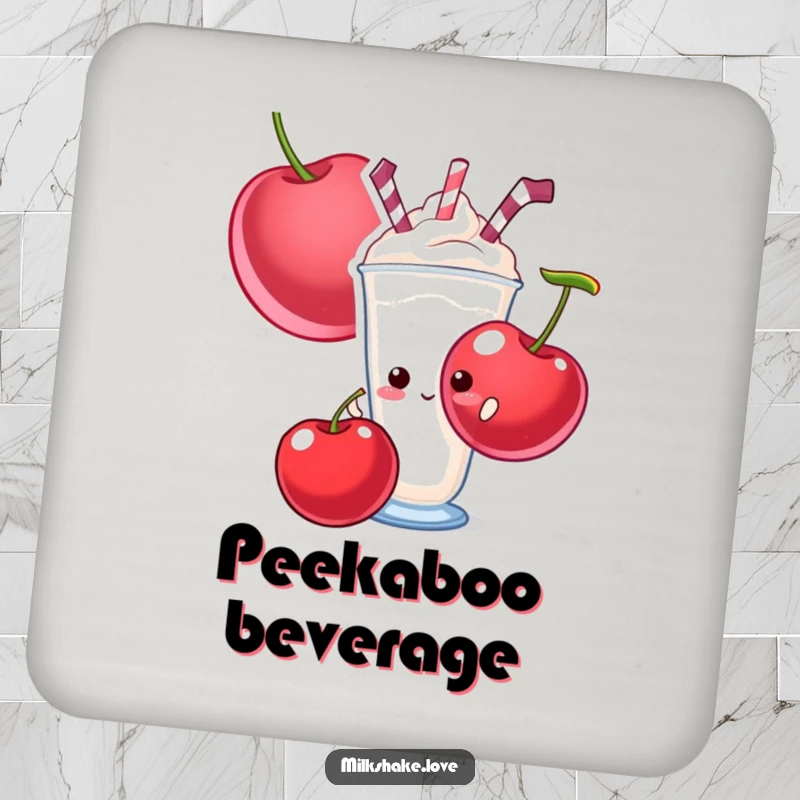 Funny drink coaster showing a shy milkshake peeking from behind a giant cherry, protecting surfaces with sweet humor.