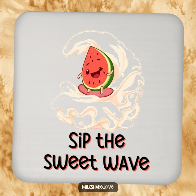 Funny Watermelon Surf Coaster featuring a happy watermelon slice surfing a whipped cream wave, protecting surfaces with playful charm.