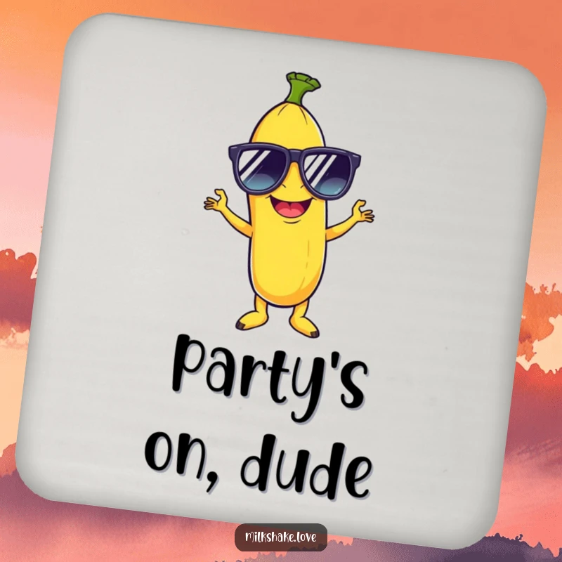 Funny coaster featuring a giggling banana in oversized sunglasses, striking a hip disco pose to protect surfaces with style.