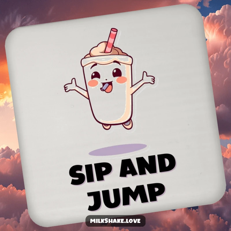 Funny milkshake character joyfully jumping with a straw in its mouth, a dynamic and humorous design for a drink coaster.