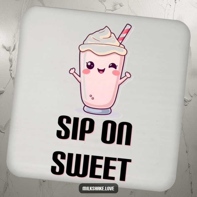 Funny Kawaii milkshake character smiling from a glass, absorbent material, protects tables from moisture.