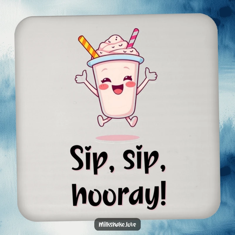 Funny Milkshake Cup Coaster, a jubilant cartoon character in a dynamic leap, offering fun protection for furniture, a small dose of pure delight.