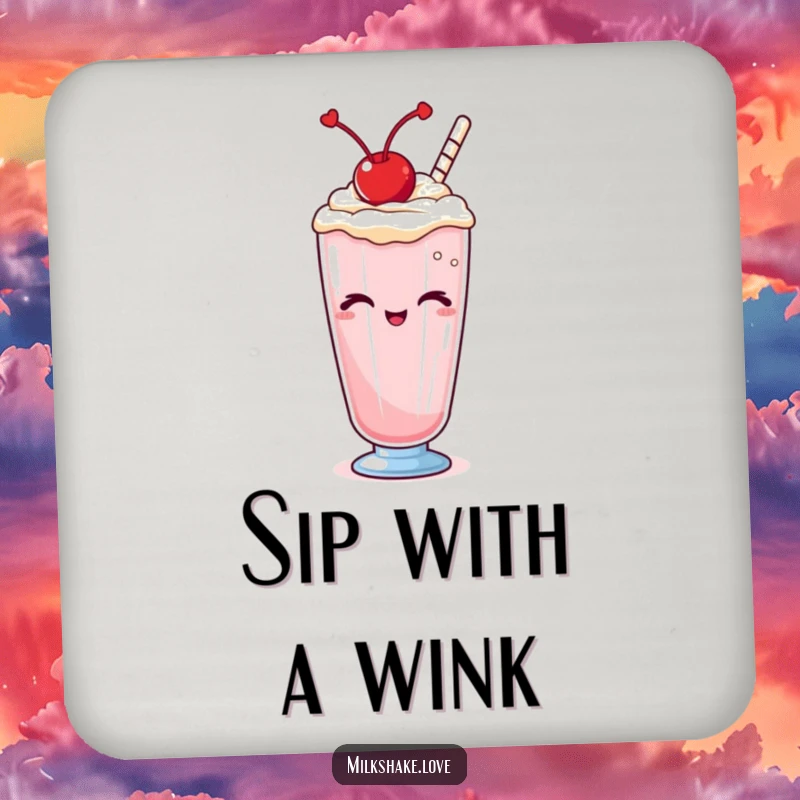 Funny Kawaii milkshake coaster, a cute illustration of a milkshake winking, protecting surfaces with charm and humor.