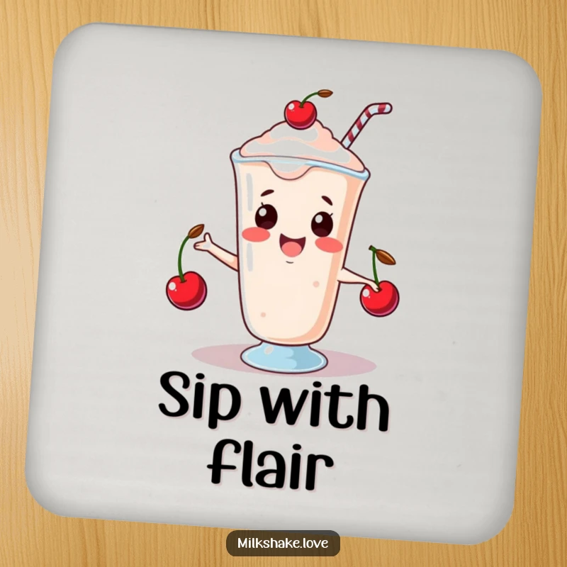 Funny Drink Coasters featuring a happy kawaii milkshake juggling three tiny cherries, adding playful and humorous skill to tabletops.