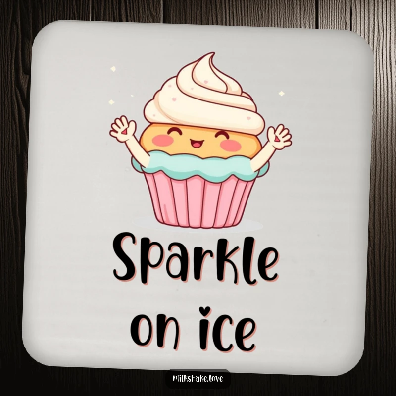 Funny coaster featuring a blushing cupcake with tiny waving arms, enthusiastically greeting sparkles, offering sweet protection with charm.