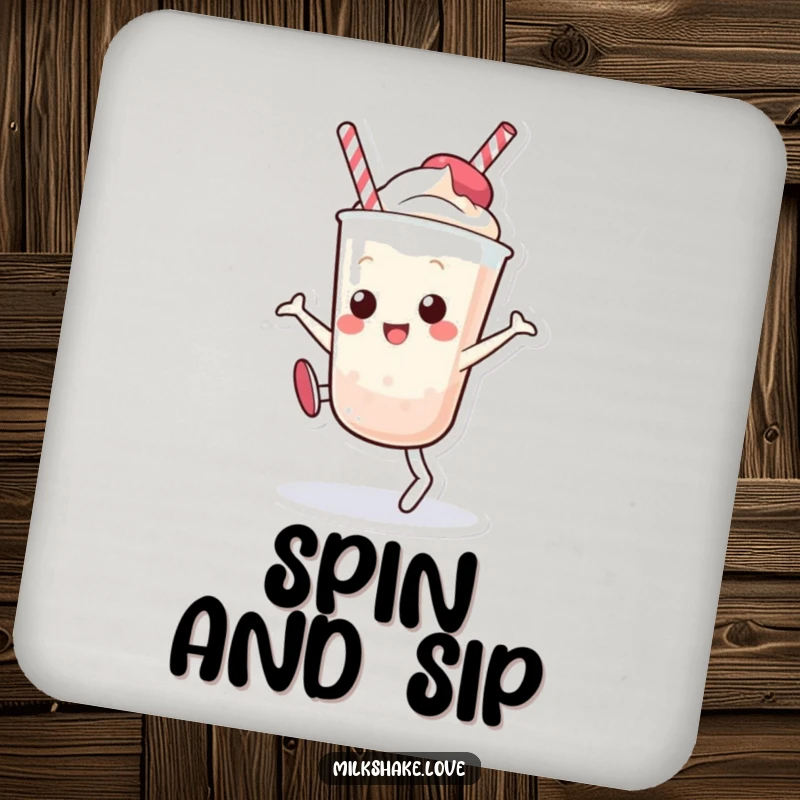 Funny Kawaii Milkshake Coaster: A drink coaster with a happy cartoon milkshake character performing a cartwheel, protecting furniture with style.
