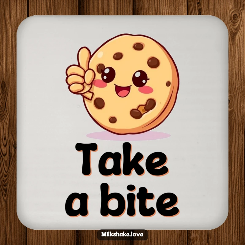 Funny cookie character with a missing crumb giving a thumbs up on decorative drink coasters, adding cheer to surfaces.
