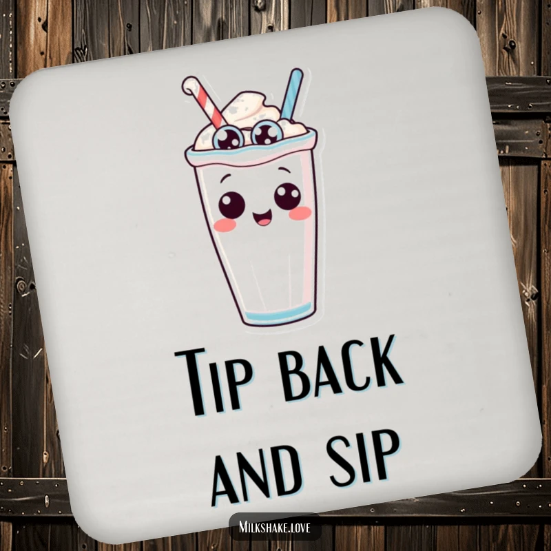 Funny anthropomorphic milkshake with silly eyes in a state of playful tipping over, a humorous design for a drink coaster.