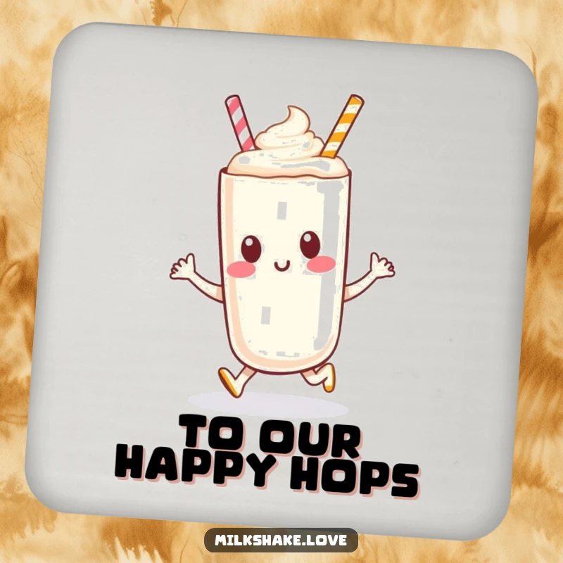 A happy anthropomorphic milkshake character performing a joyful hop, featured on a protective and funny drink coaster.
