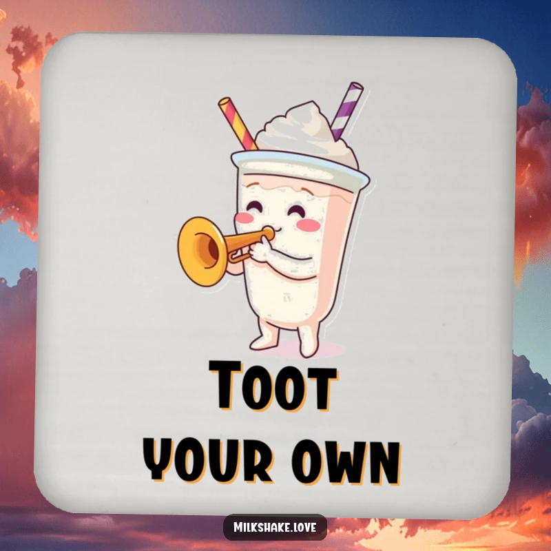 Funny Coaster: A set of coasters featuring a milkshake cup character playing a tiny trumpet, adding a musical flair.