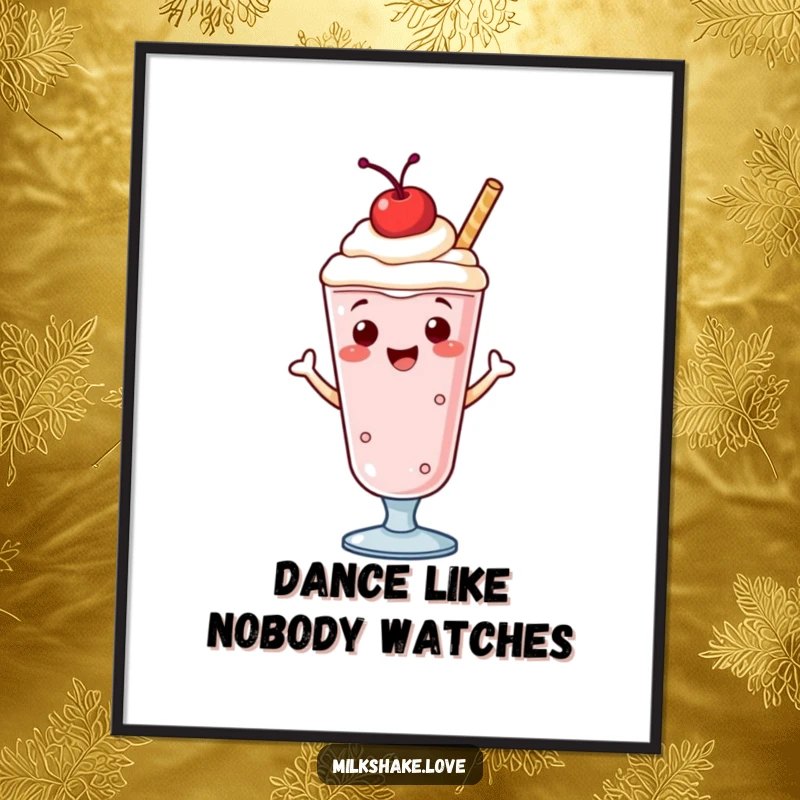Funny poster of a smiling, cherry-topped milkshake enthusiastically doing a jig, adding a fun and energetic vibe.