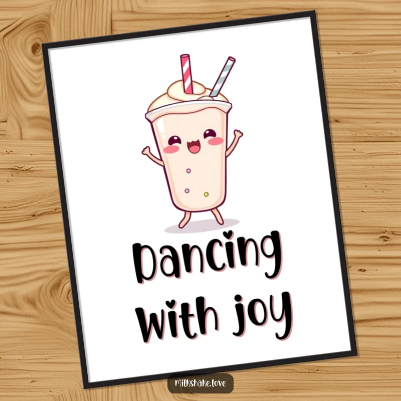 Funny Poster depicting a Kawaii milkshake doing a lively shimmy, its straw dancing playfully, bringing a energetic and fun atmosphere.