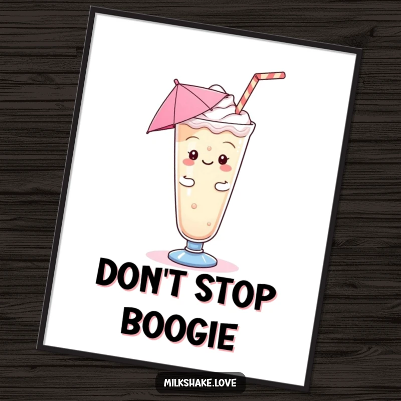 Funny Kawaii Milkshake Poster: A kawaii milkshake with an umbrella doing a silly jig, creating lively wall art.