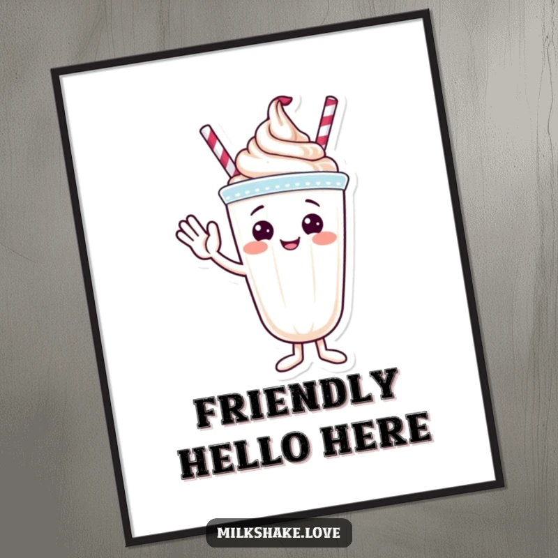 Funny poster of a milkshake character with whipped cream topping giving a welcoming wave.