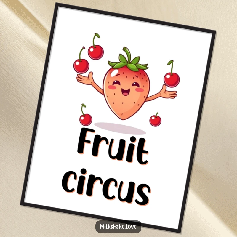 Funny Juggling Strawberry Poster: A smiling strawberry with arms outstretched joyfully juggling cherries, vibrant and cheerful wall art.