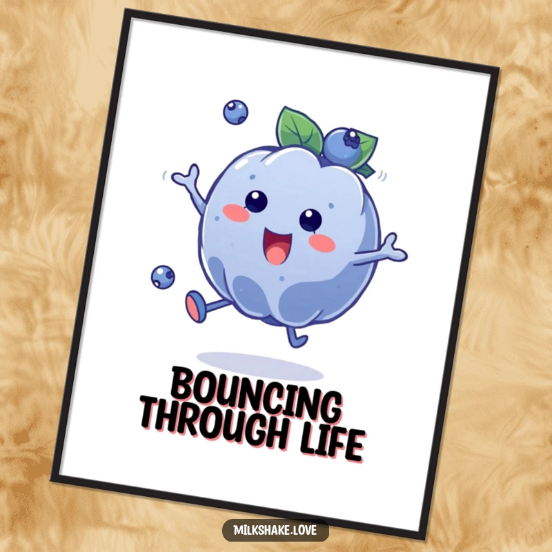 Funny Blueberry Bounce Poster showing a plump blueberry character in a dynamic, enthusiastic bounce, bringing vibrant, cheerful energy to any wall.