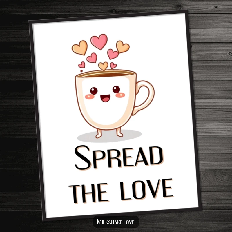 Funny coffee cup character with tiny feet pouring hearts, high-quality poster print, perfect for adding loving decor.