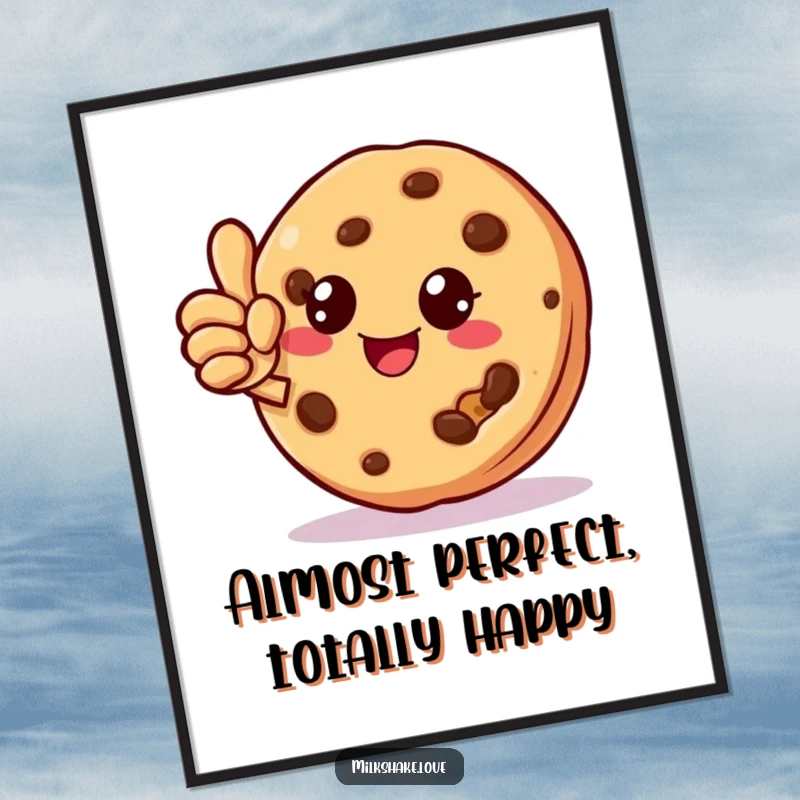 Funny cookie character giving a thumbs up with a missing crumb, high-quality poster print, perfect for adding sweet decor.