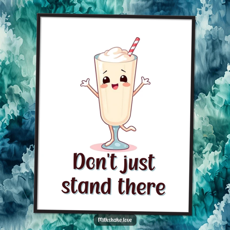 Funny Poster showcasing a milkshake with legs in a dynamic, bouncy dance, bringing a burst of cheerful, humorous energy.