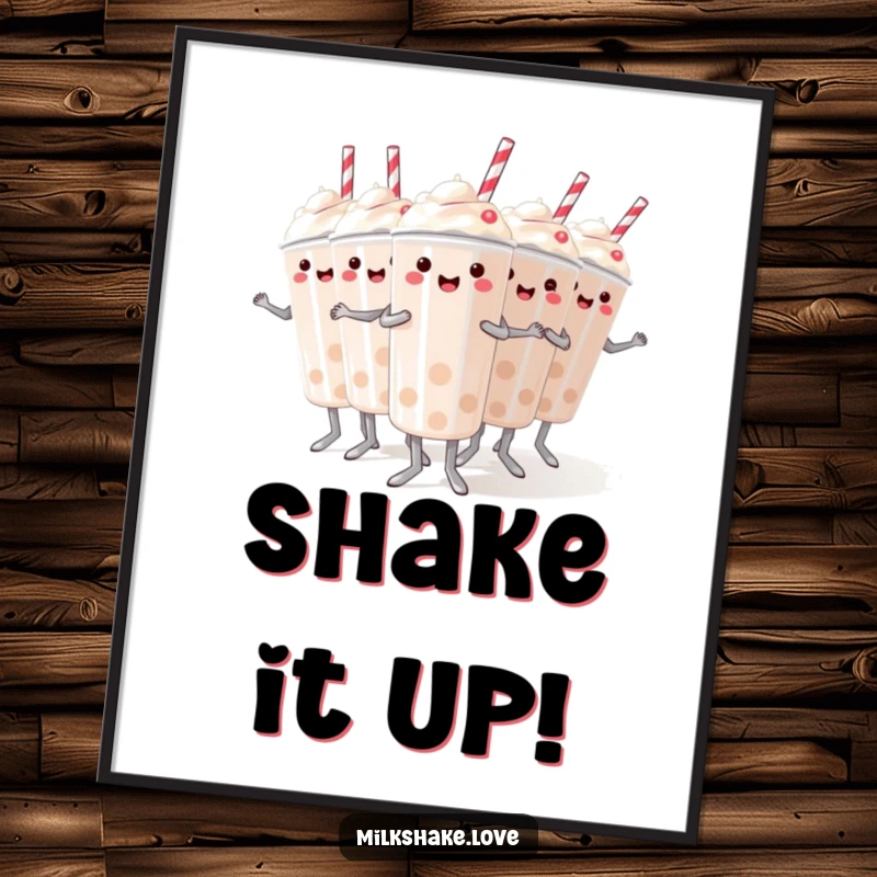 Funny poster showcasing mini milkshakes in a synchronized dance, a humorous and lively piece of dessert-themed wall art.