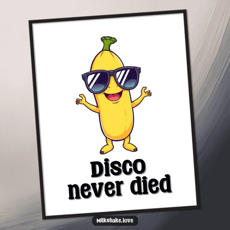Funny poster illustration of a giggling banana in oversized sunglasses, striking a dynamic disco pose, bringing retro fun to walls.