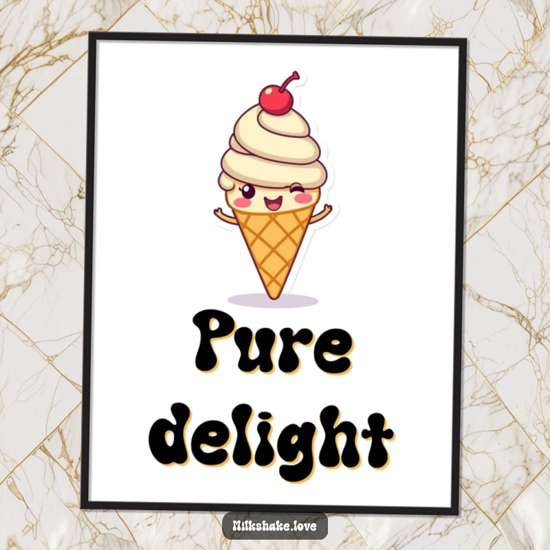Funny ice cream cone poster, a cheerful ice cream cone with a cherry on top spinning happily, charming funny gift.