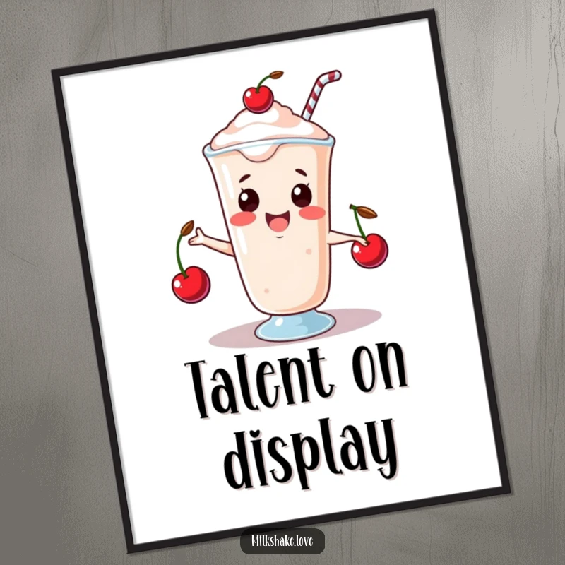 Funny Poster of a happy kawaii milkshake juggling three tiny cherries, demonstrating playful talent and joyful energy.