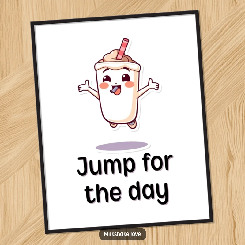 Funny milkshake character joyfully jumping with a straw in its mouth, energetic and humorous wall art.