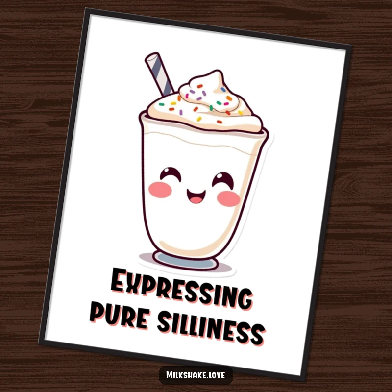 Funny Kawaii milkshake character making a funny face with sprinkles, digitally illustrated for humorous wall art.