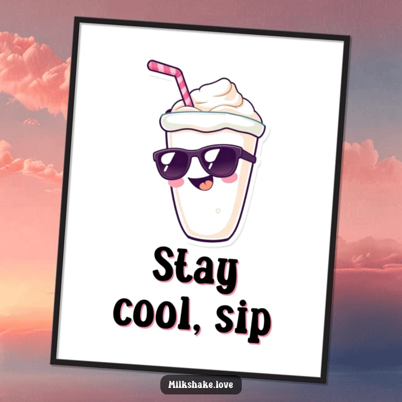 Funny kawaii milkshake character with a wide grin and sunglasses, stylish and humorous wall art.