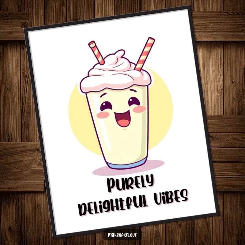 Funny kawaii milkshake poster with a giggling expression pointing upwards with an excited flourish, a humorous and cheerful art print.