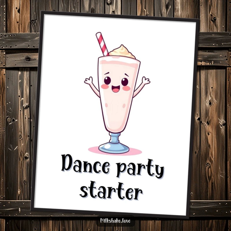 Funny Kawaii milkshake in a tall glass, gleefully doing a happy dance, presented as vibrant wall art for cheerful decor.