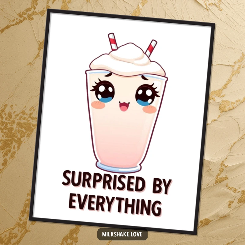 Funny Poster depicting a Kawaii milkshake with enormous, surprised eyes peeking over the rim, capturing a moment of comical shock.