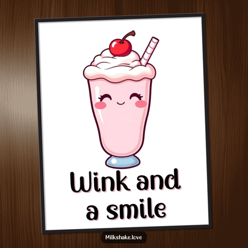 Funny Kawaii milkshake with a cherry on top, winking playfully, presented as vibrant wall art for a cheeky and sweet decor.