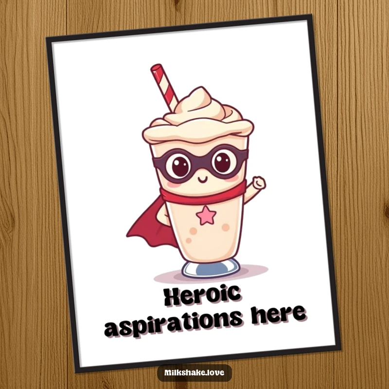 Funny Kawaii milkshake character as a superhero, depicted in a dynamic and humorous pose on a vibrant poster.
