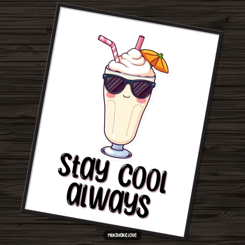 Funny Kawaii milkshake poster, a stylish beverage wearing sunglasses and a straw, perfect for adding a cool aesthetic.
